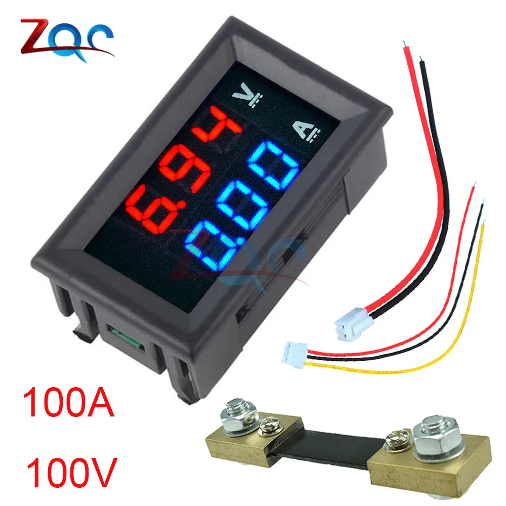 100A Blue Red shunt Мини цифровой вольтметр Амперметр постоянного тока 100 в 10А 50А 100А Панель Ампер Вольт Напряжение измеритель тока 0,5" синий красный двойной светодиодный дисплей - Цвет: 100A Blue Red shunt