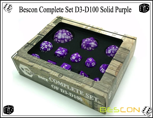 Bescon полный многогранный набор костей для ролевых игр 13 шт. D3-D100, 100 сторон Набор кубиков сплошной фиолетовый