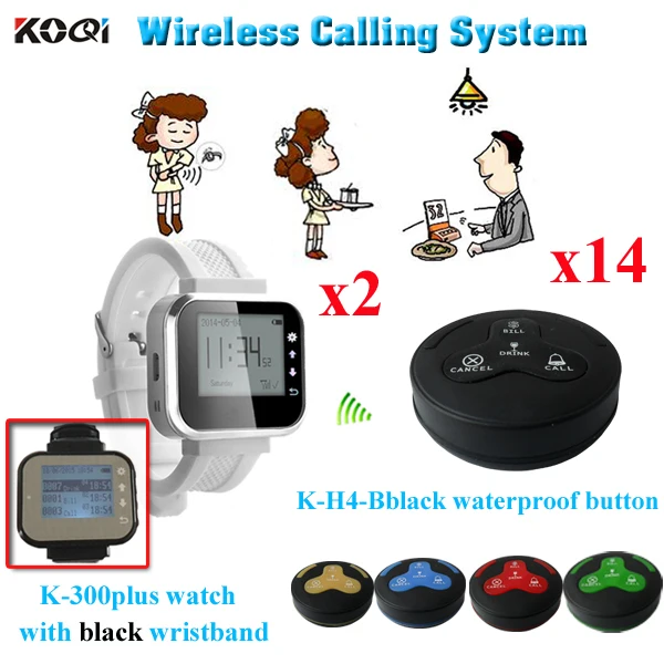 

Wireless Call Bell System 14 Waterproof Guest Call Button Restaurant Table Buzzer & 2 Pager Watch