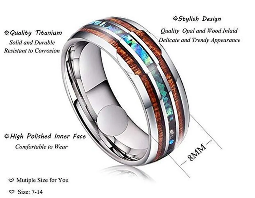 

Hot Sale Wood Inlay Titanium Steel Rings for Men 8mm Width Shell Stainless Steel Ring Fashion Male Jewelry Party Accessories