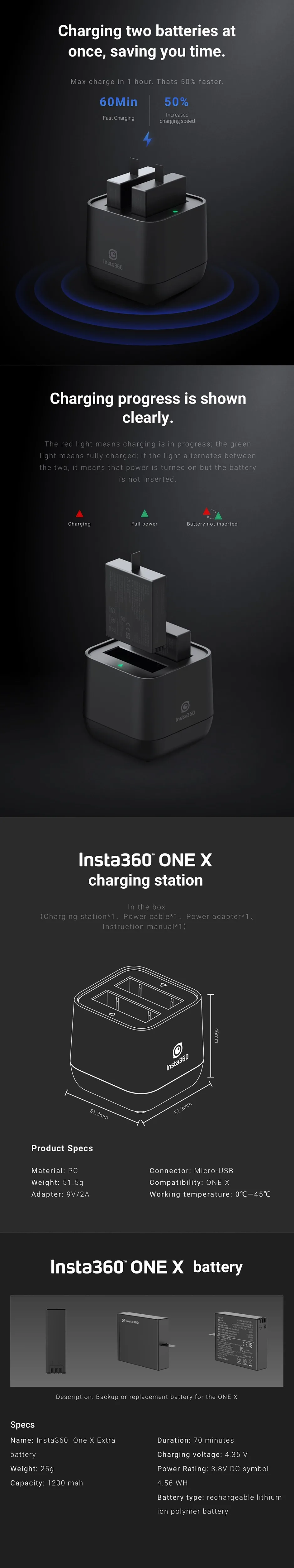 Insta360 ONE X зарядное устройство Micro USB Qiuck зарядное устройство концентратор аккумулятор для Insta360 ONE X 1200 мАч LiPo батареи