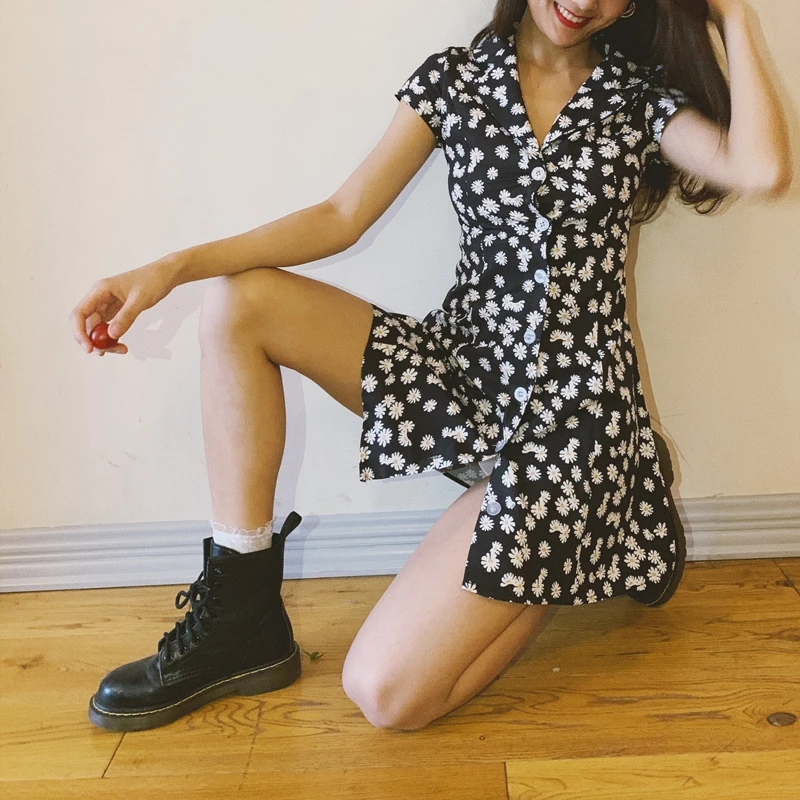 Летнее пляжное платье, элегантное, на пуговицах, boho, корейский стиль, женское, кавайное платье в цветочек, mujer, сексуальное, винтажное, богемное платье