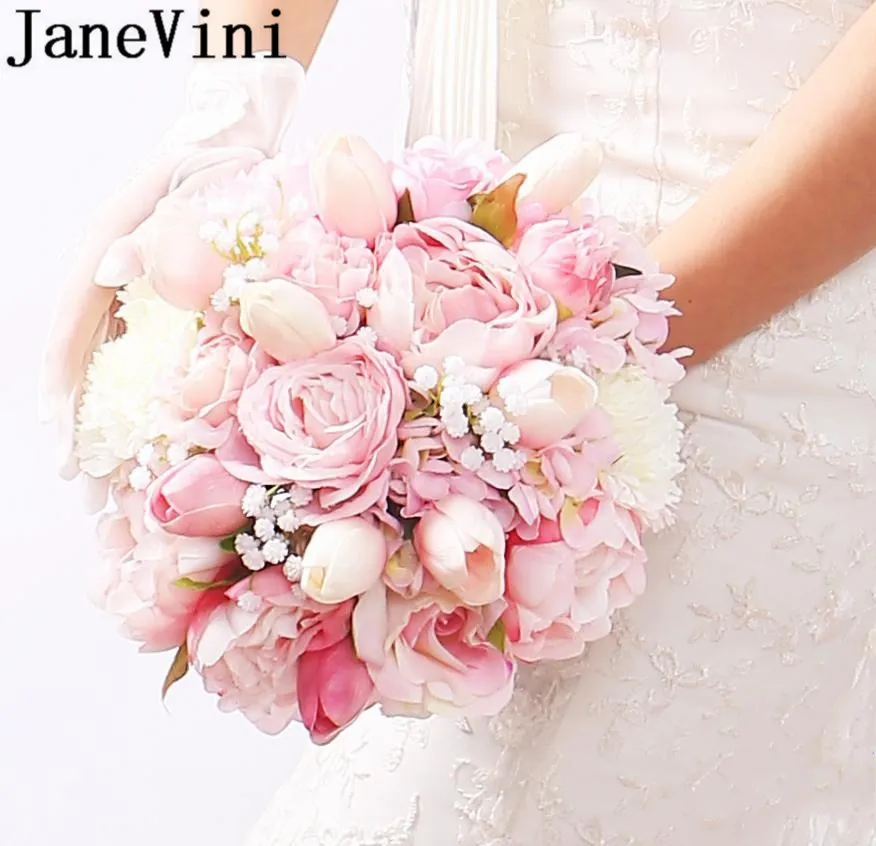 

JaneVini Pink Peony Bridal Bouquets Tulip Fleur Rose Artificial Silk Bouket Wedding Bride Bouquet Bridesmaid Holding Flowers