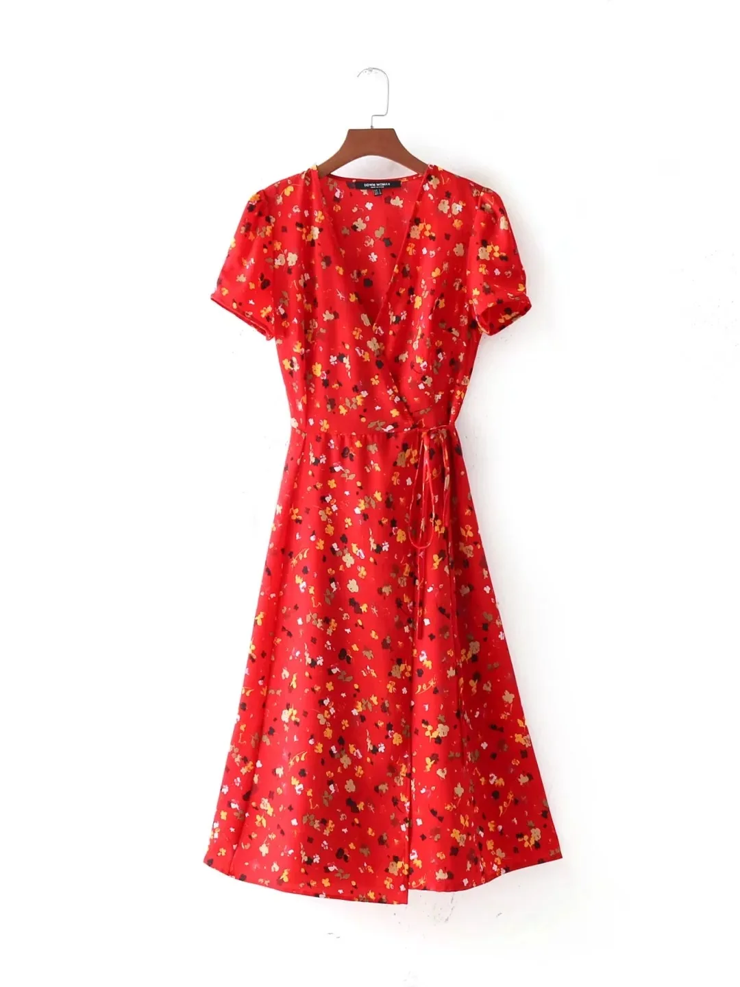 

Summer Flower Dot Print Wrap Dress Women Short Sleeve Chiffon Beach Dress Korean Fashion Work Vestidos V Neck Party Midi Dress