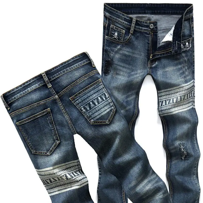 Skull Jeans Autumn Men Washed Wear 
