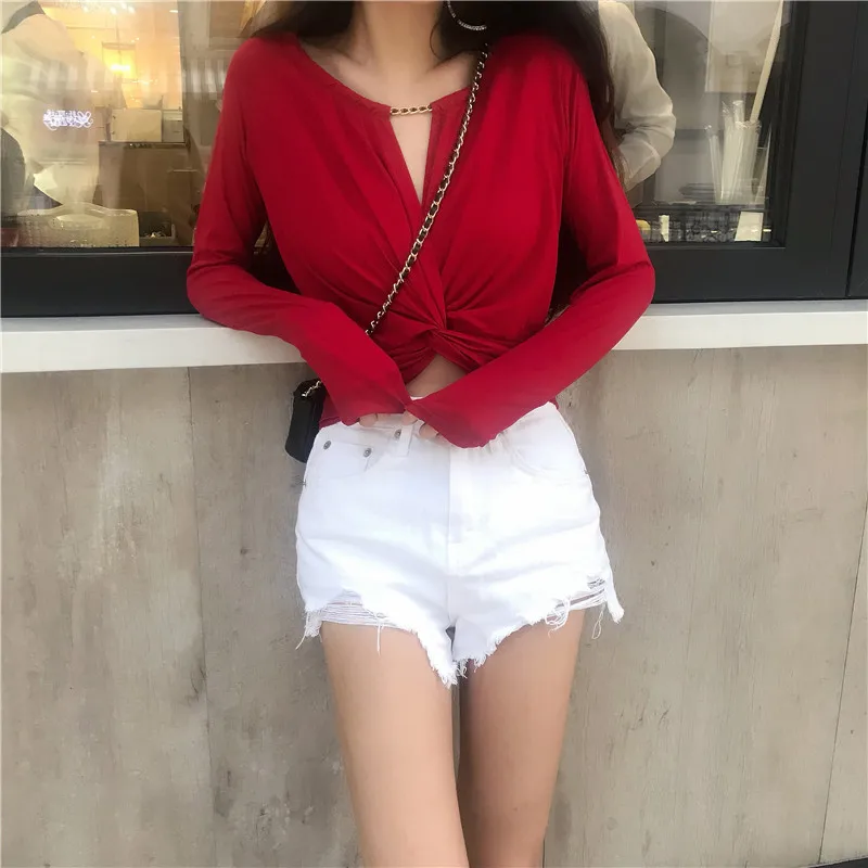 Укороченные витой апом просвечивающее сексуальное Футболки Для женщин с v