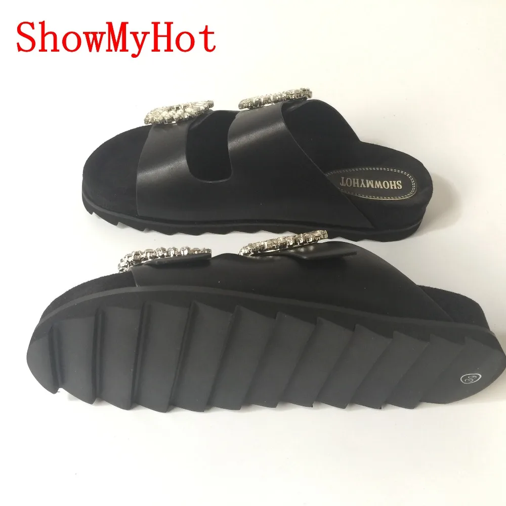 ShowMyHot/женские шлепанцы из натуральной кожи с открытым носком пряжкой стразы