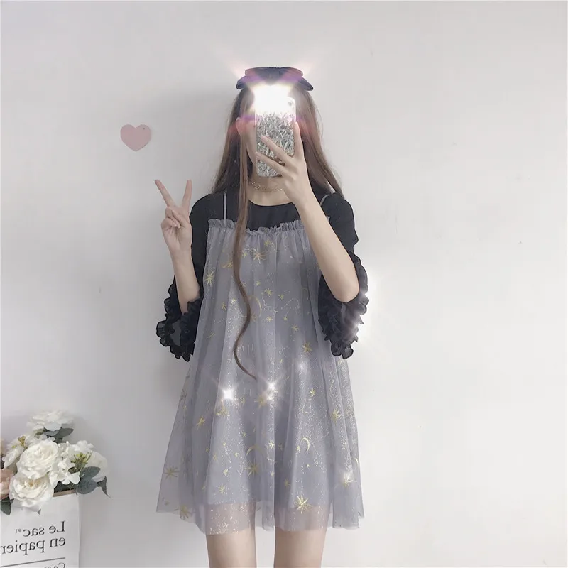 Sweet Girl Women's Fall Fake-Two-Piece Mini Dress One Piece Net Yarn Star Embroidery 2018 Autumn Fairy Kei Flare Sleeve | Женская