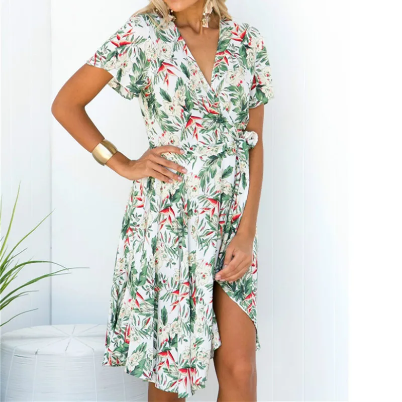 Летний цветочный принт с отворотом платье женское короткий рукав v-образный