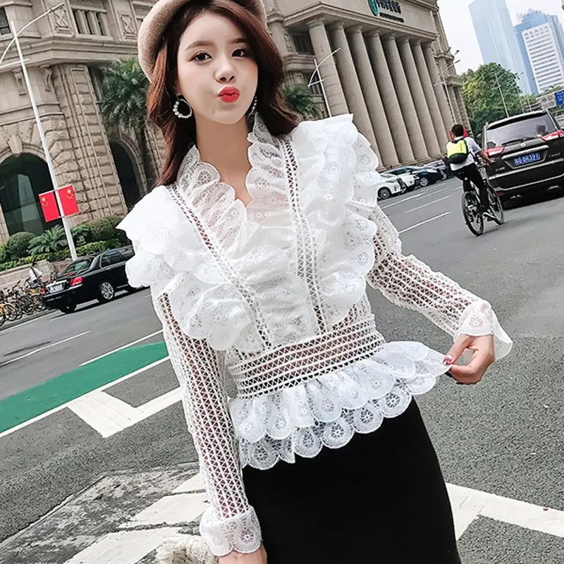 Женские блузки с рюшами Elegante однотонные кружевные топы расклешенными рукавами
