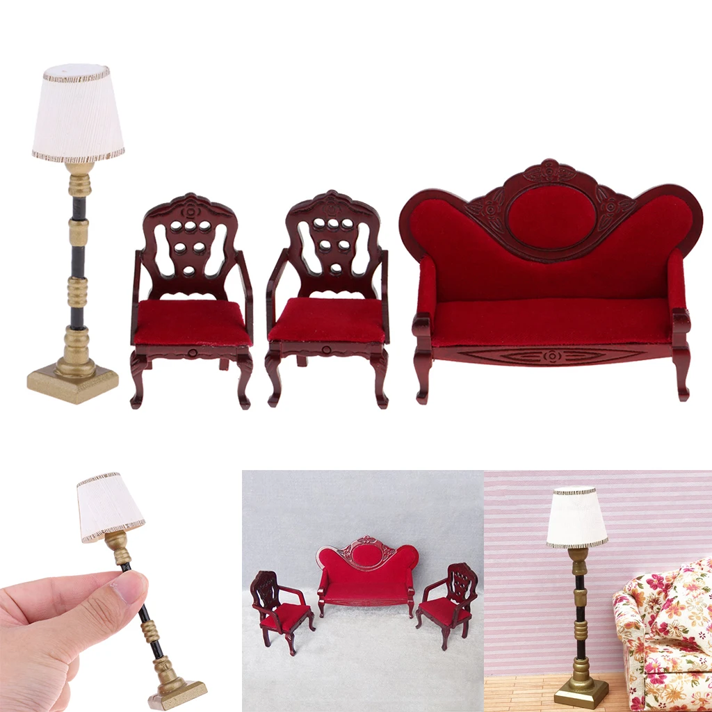 1/12 винно-красный бархат диван стул торшер Модель мебели для кукольного дома