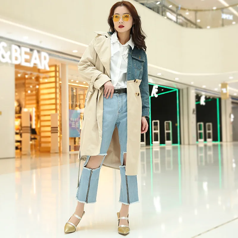 Женское джинсовое двубортное пальто свободная Длинная Верхняя одежда с длинным