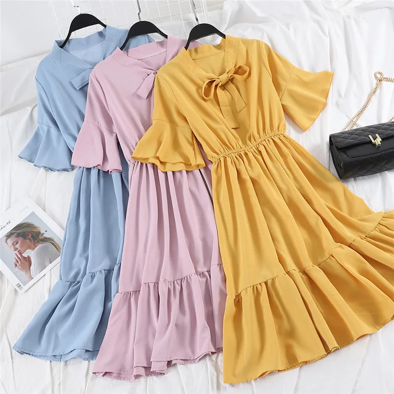 

New Summer Autumn Women Long Dress Elastic High Waist Tie Bow Dress Female Short Sleeve Ruffles Chiffon Dresses Vestidos AB1547