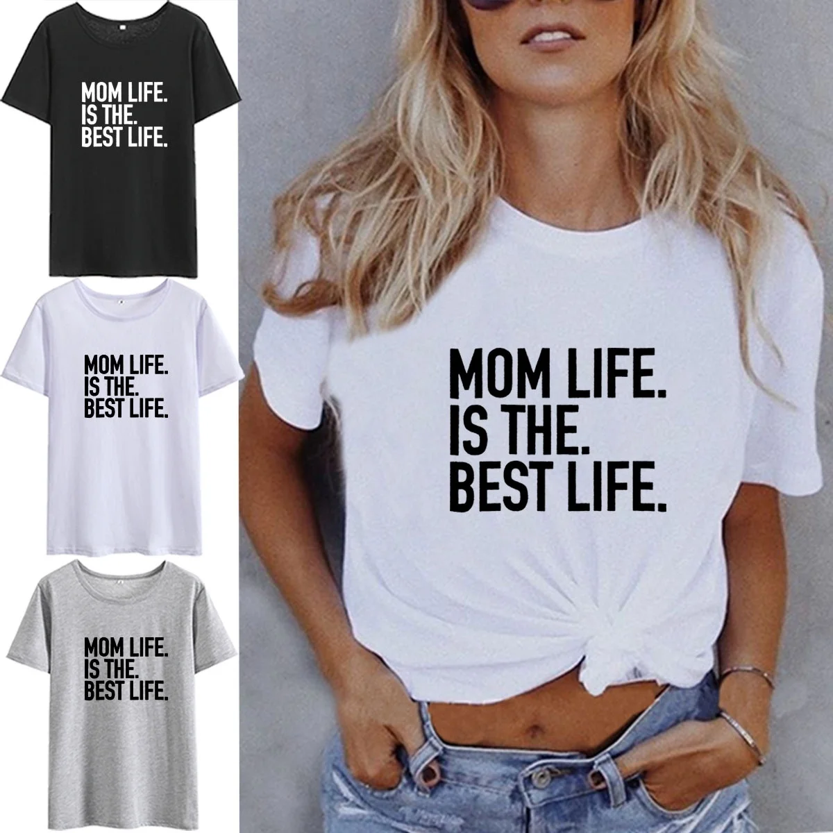 Женская футболка с принтом Mom Life Is The Best черная белая свободная хлопковая Футболка