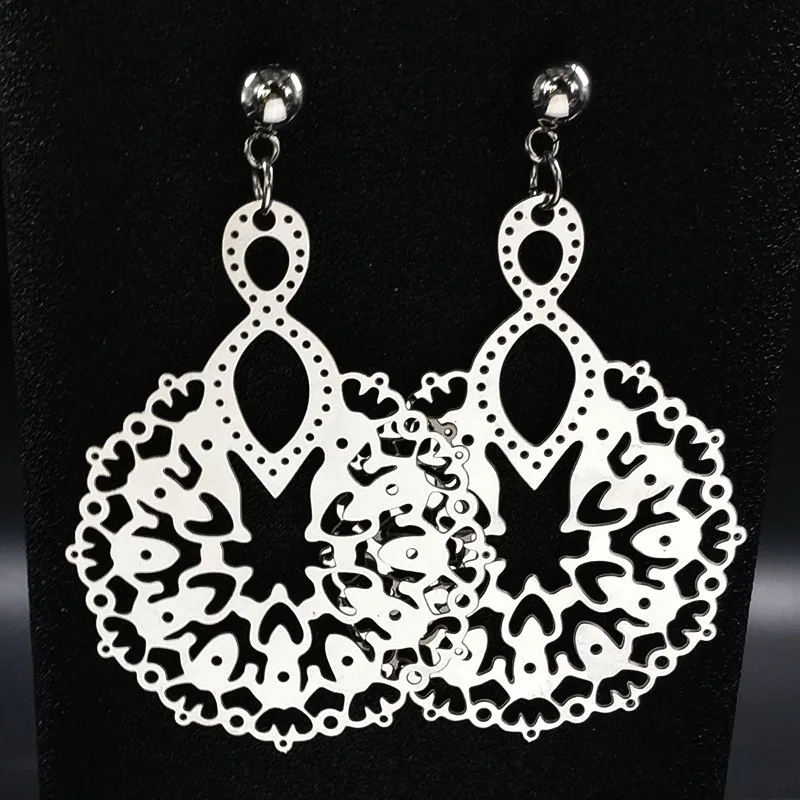 2021 New Flower Stainless Steel Earrings for Women Silver Color Big Stud Jewelry boucle d'oreille fantaisie E1633S02 | Украшения и