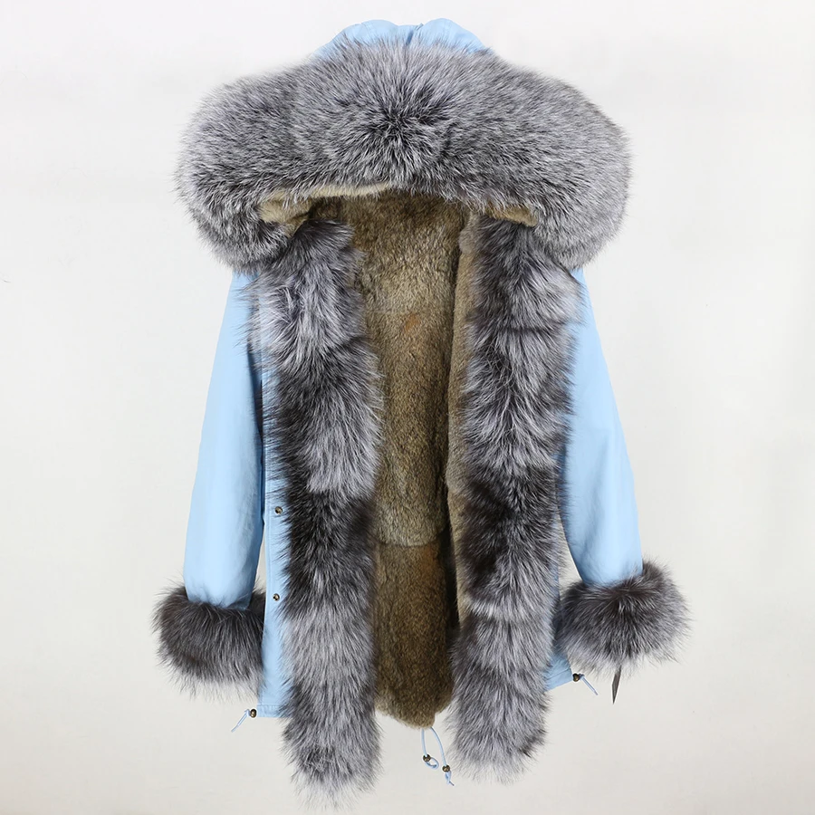 24 OFTBUY, пальто с натуральным мехом, зимняя куртка, Женская длинная парка, натуральный мех серебристой лисы, воротник с капюшоном, подкладка из натурального кроличьего меха, Толстая теплая брендовая - Цвет: 24