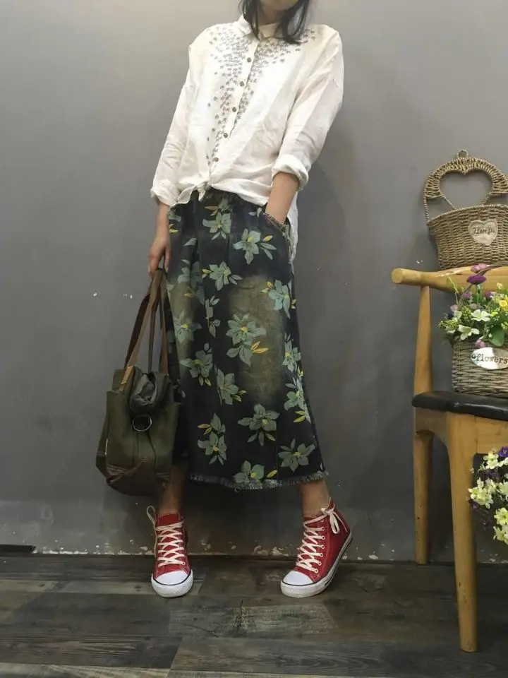 Весна юбка Для женщин в стиле ретро с цветочным принтом джинсы эластичной