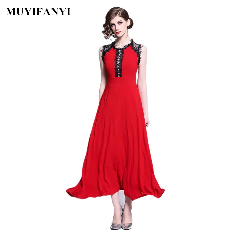 Новый 2019 сезон: весна лето элегантный винтажная кружевная вставка длинное платье
