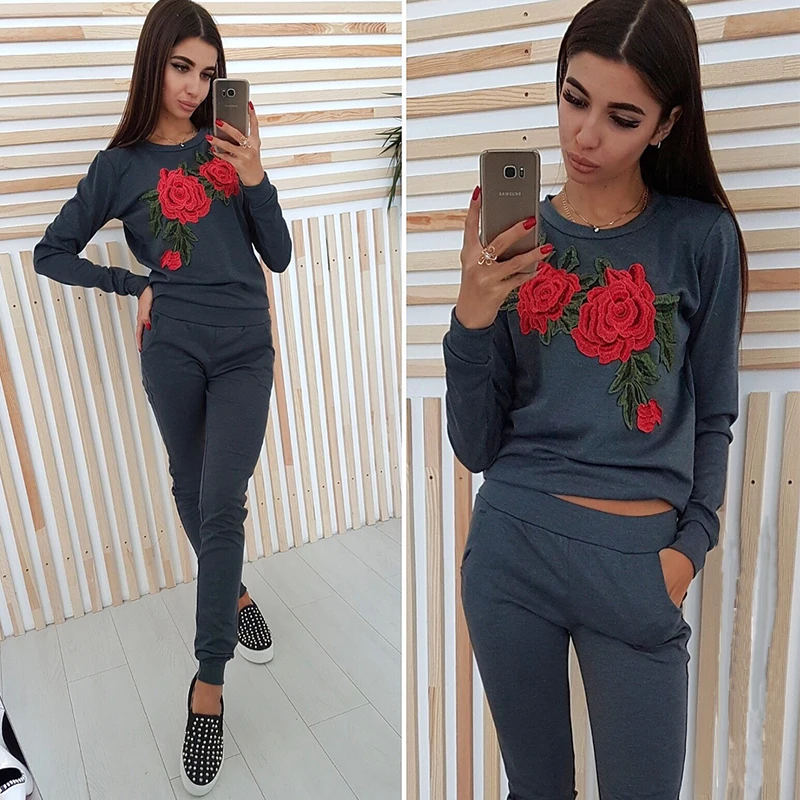 Вышитые розы Аппликация женские толстовки 2018 Осень Зима с длинным рукавом