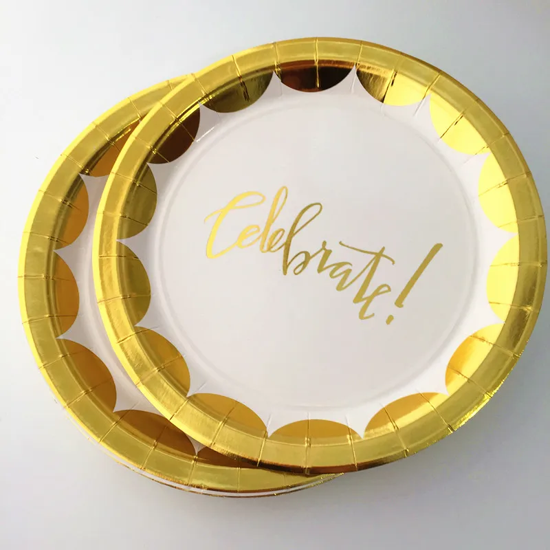 16 шт фольгированные золотые 9 дюймовые круглые металлические бумажные тарелки