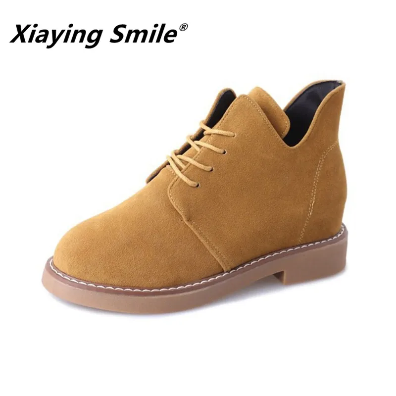 Xiaying Smile Women Boots spring & autumn women shoes fashion square heel women leather boots Round Toe nubuck lace-up shoes