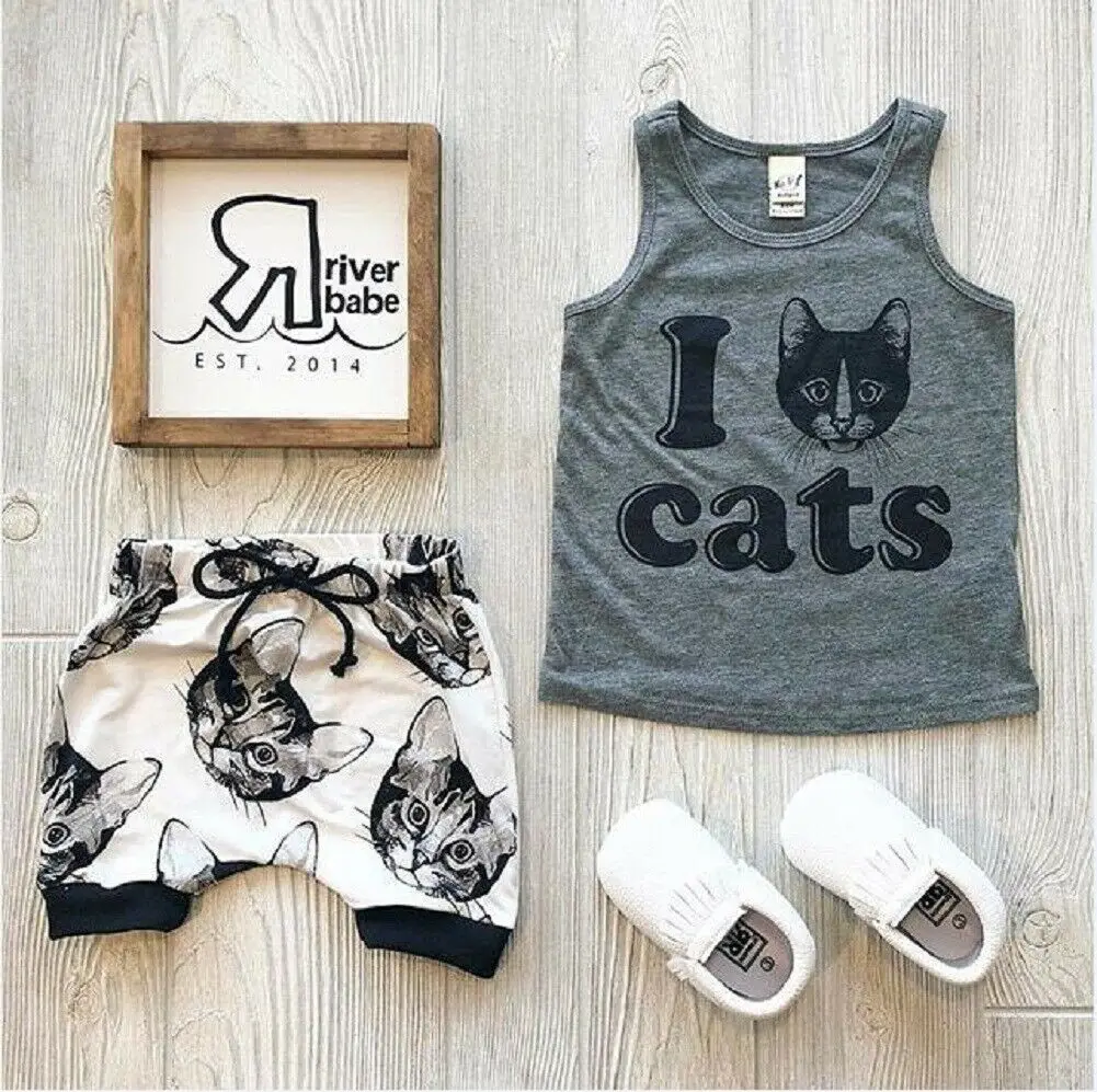 2019 Toddler Kids Infant Baby Boys Clothes Summer Outfit Sleeveless Cotton T-shirt Tank Tops+Short Pants 2pcs Set |