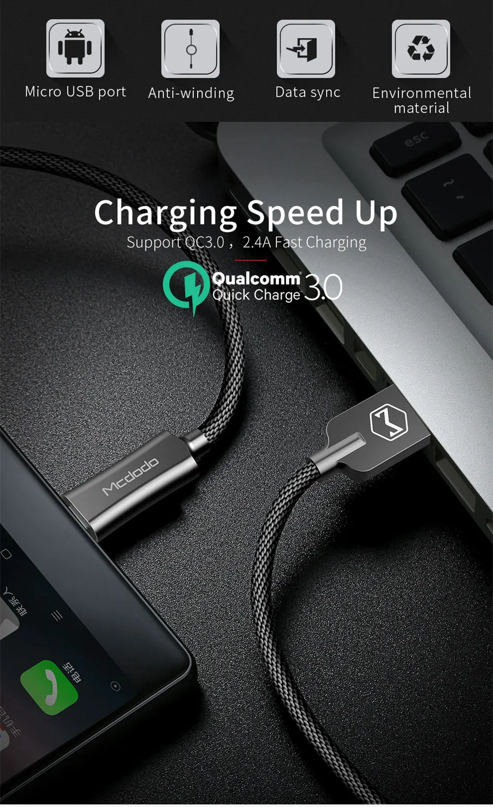 Mcdodo Micro USB кабель 2A Быстрая зарядка QC3.0 mini USB кабель для передачи данных для samsung Xiaomi Redmi huawei Tablet Android USB зарядный шнур