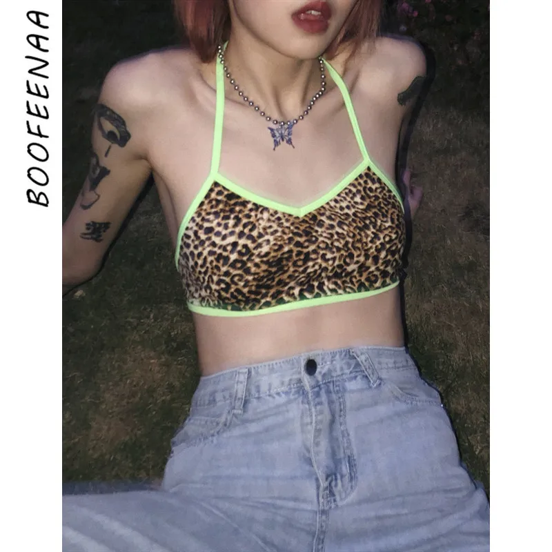 BOOFEENAA неоновый зеленый Леопардовый принт Холтер с открытой спиной сексуальный