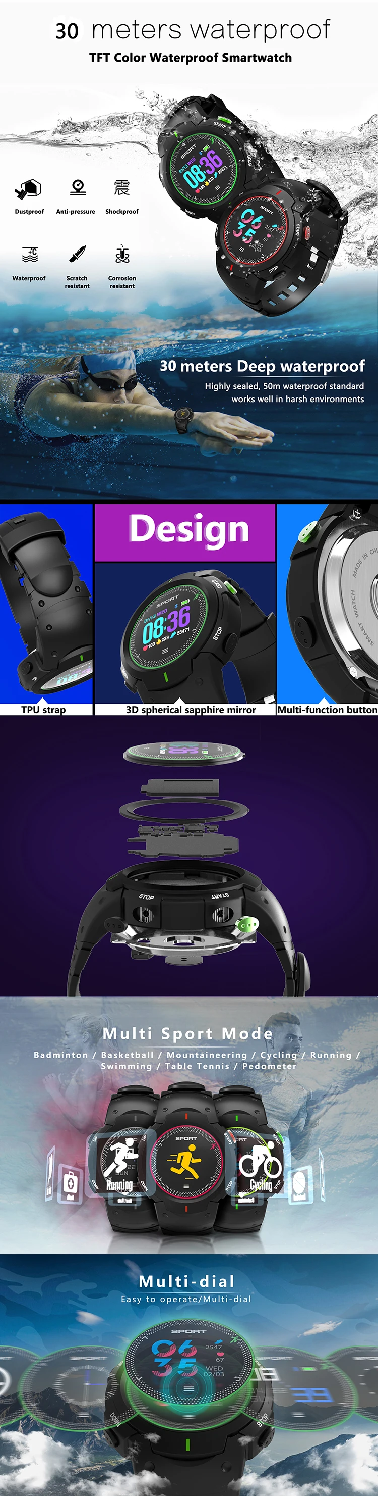 KS-F13 Smart Watches Sport Running Watch Multisport Color LCD IP68 Waterproof Smart Notification Sport Tracker for IOS/Android
