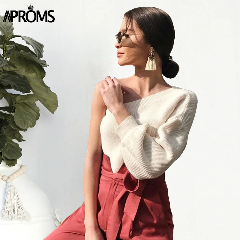 Aproms Элегантный одно плечо вязаный свитер женский с длинным рукавом ребристые пуловеры Для женщин зима Повседневное бежевый джемпер Тянуть Роковой