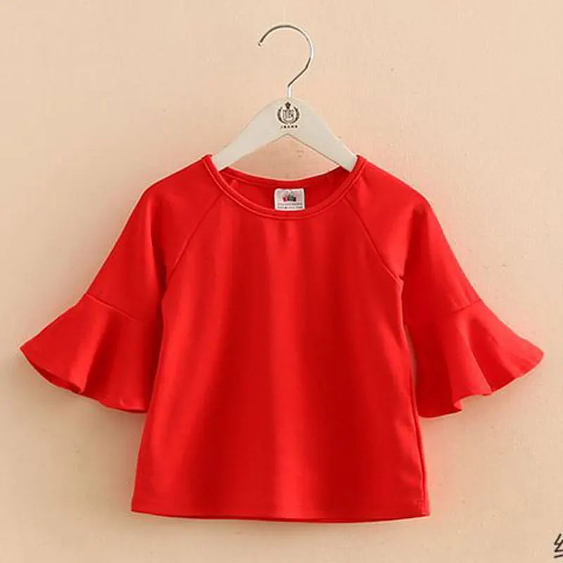 red 200531 Одежда для девочек топы, футболки нижняя рубашка для девушки с расклешенными рукавами, детская одежда белый, красный цвет, для девочек возрастом от 2 до 7 лет - Цвет: red 200531