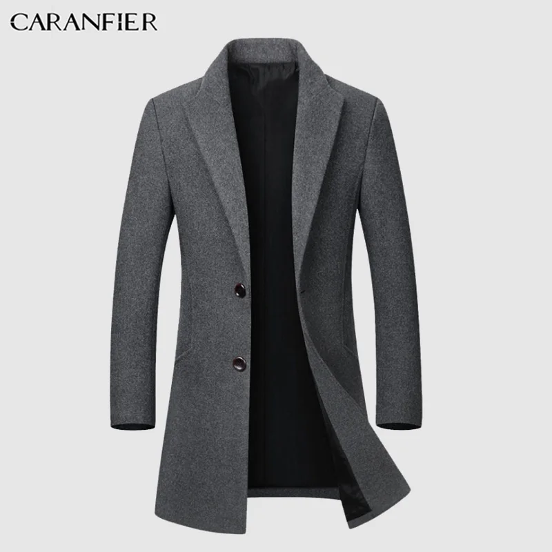 

CARANFIER Mens Wool Coats High Quality Autumn Long Single Breasted Windbreaker Business Solid Color Slim Fit Jackets Overcoats
