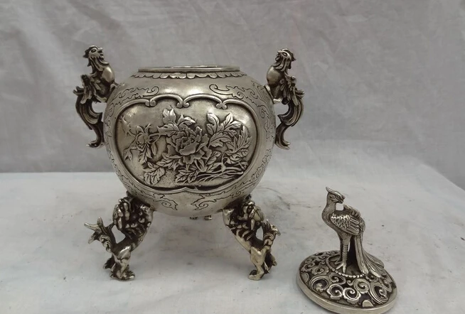 9 &quotТибет Silver Bird Fly Павлин Глава Статуя Феникс Лев Курильница Курильница|censer