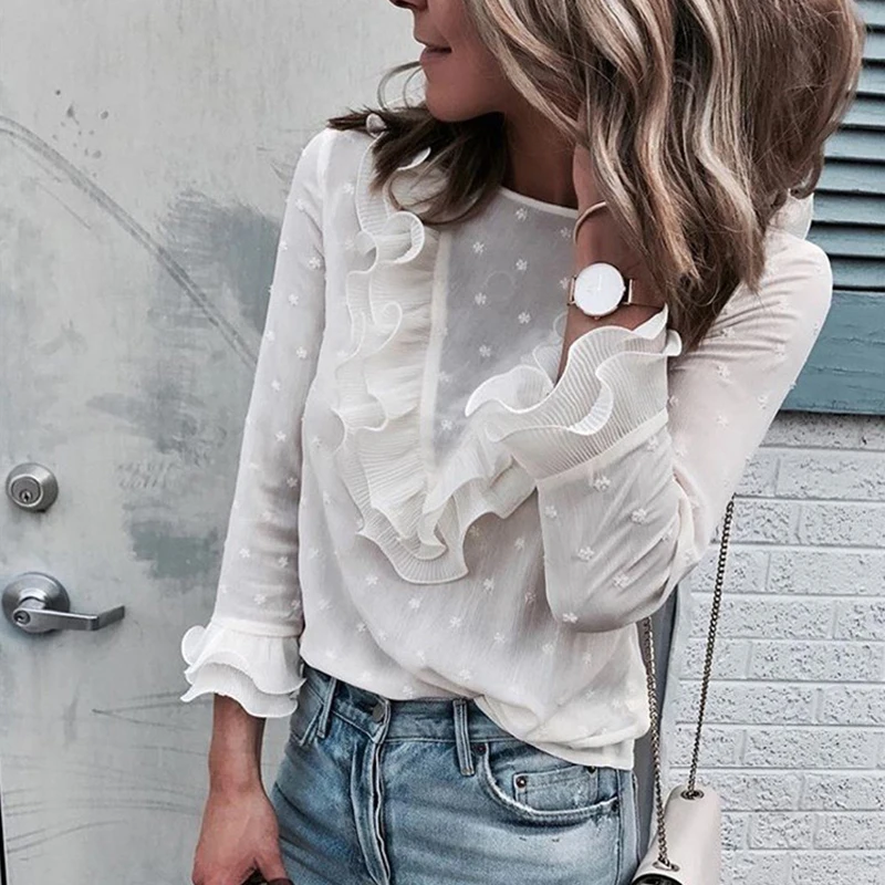 Повседневное осень длинные лепесток рукав Для женщин Блузы и рубашки женские