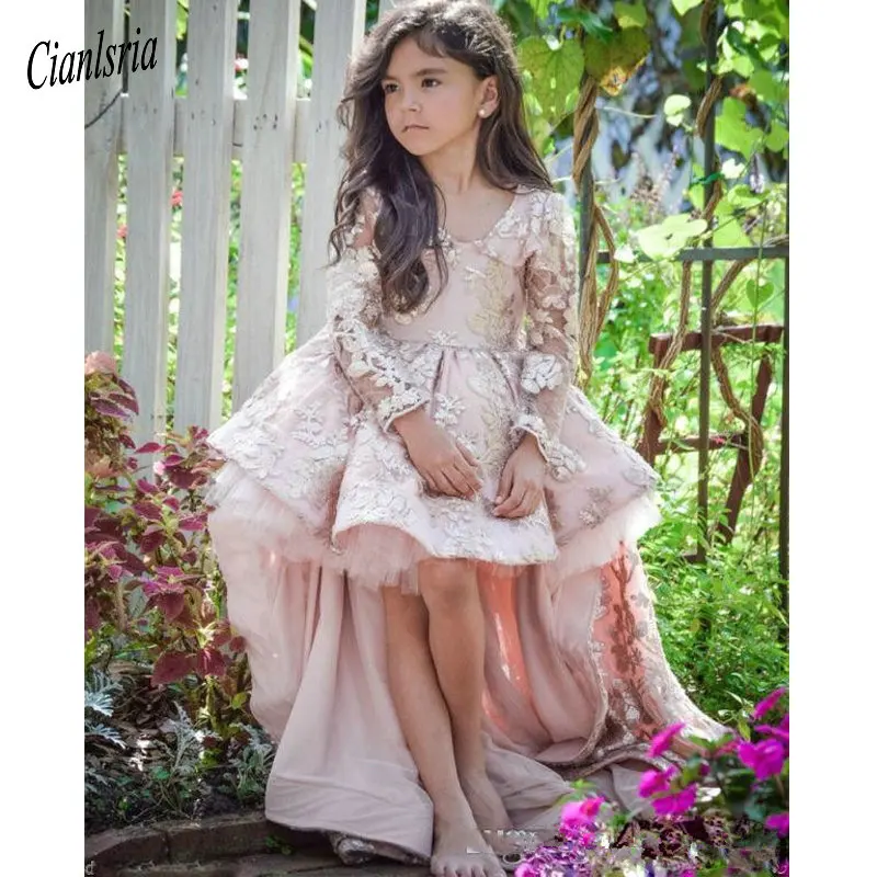 same as pic Hi Low Flower Girl Dresses For Weddings Ball Gown V-neck Long Sleeves Lace Long First Communion Dresses For Little Girls - Цвет: same as pic