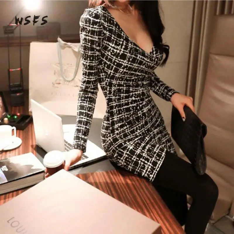 Женское клетчатое платье с длинным рукавом V-образным вырезом - купить по