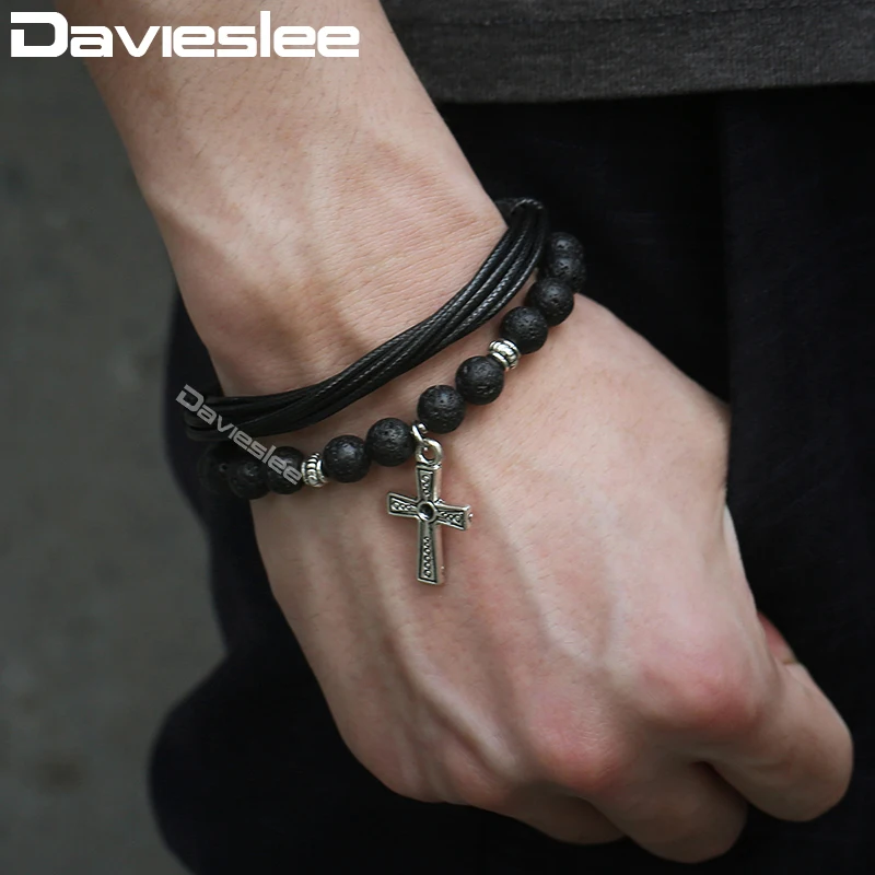 Мужской кожаный браслет Davieslee подвеска крест Очаровательная Пряжка нержавеющая