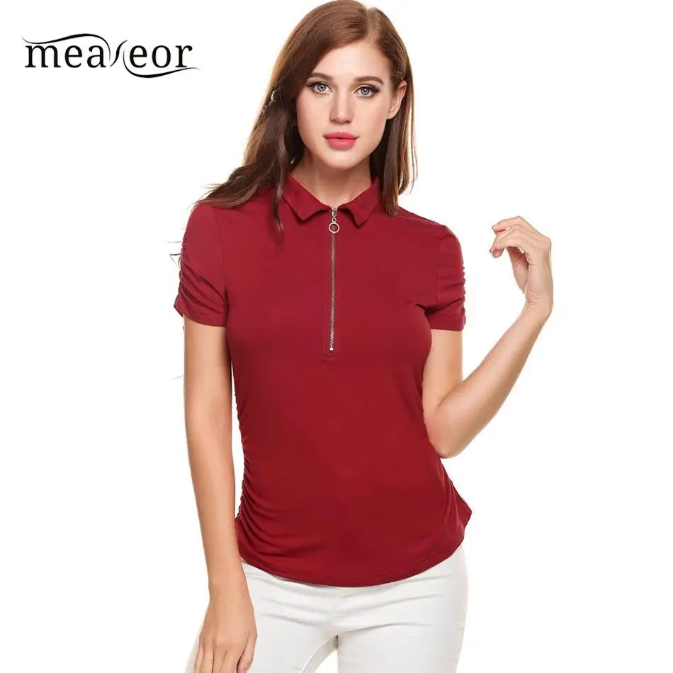 None Casual Women Short Sleeve Zipper Collar Side Pleated Solid Slim Pullover T-Shirt | Женская одежда
