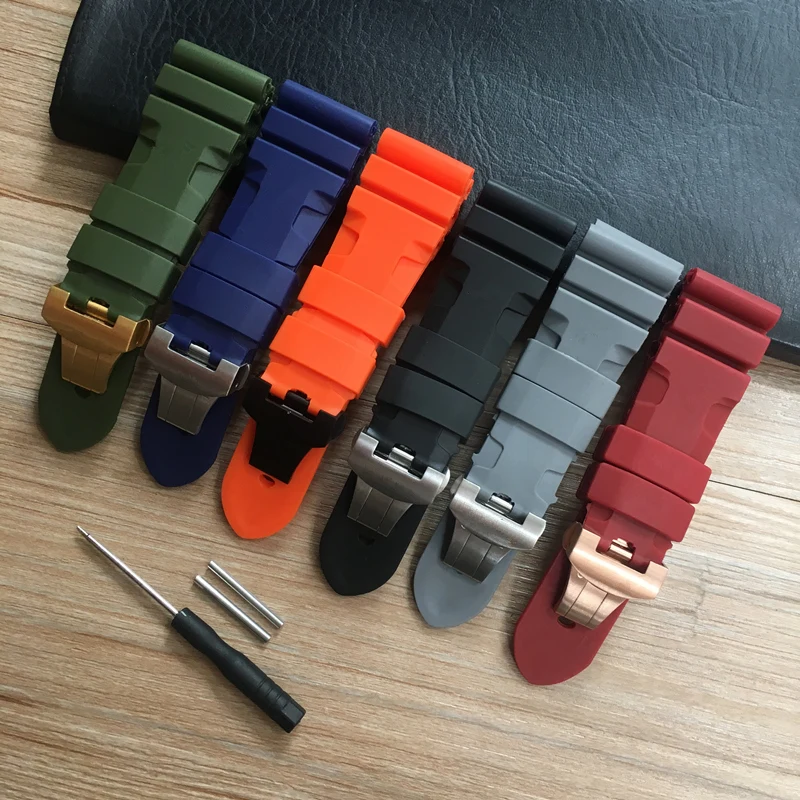 24 26mm Black Orange Blue Red Gray Green Silicone Rubber Whatchband For PAM RADIOMIR Watch Strap Butterfly Buckle with Engraving