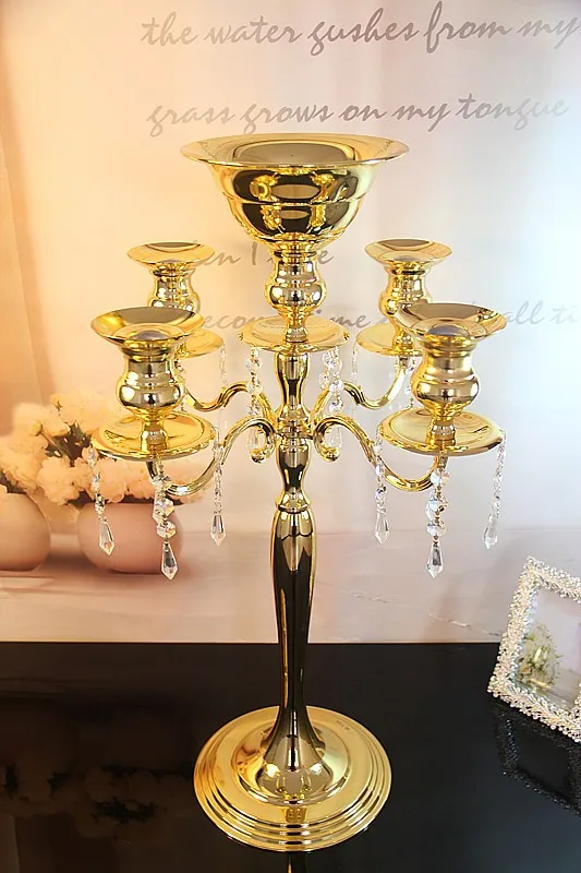 

H75cm * W48cm, 5 Heads Crystal Candelabra Candle Holder wedding Centerpiece flower Vase Candle holder Gold candelabrum