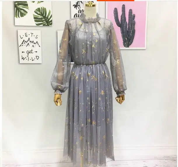 Женское Сетчатое платье золотистого цвета с вышивкой Луна синее Прозрачное