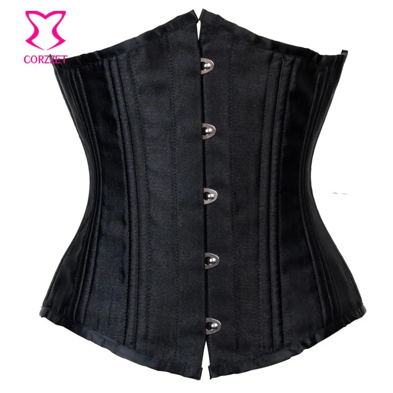 Черный атласный 24 стальной корсет с косточками подгрудный размера плюс корсеты и