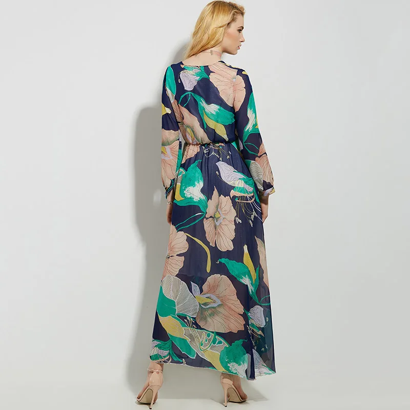 Vintacy Женщины Синий Зеленый Макси летнее платье повседневные цветочные v шеи