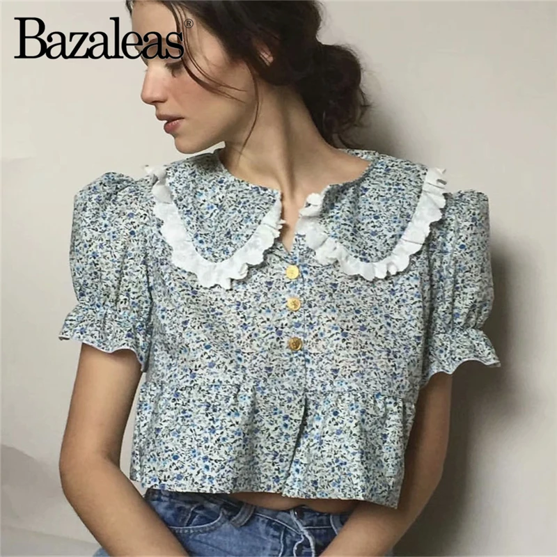 Bazaleas винтажные кружевные лоскутные женские топы blusas шикарный цветочный принт