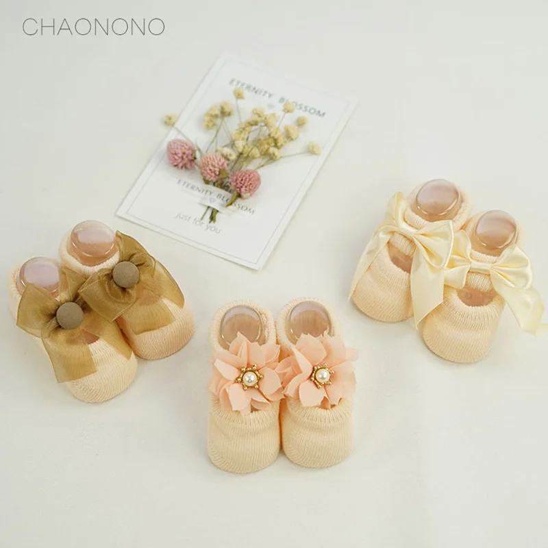 [Chaonono] 3 шт./партия, носки для малышей хлопковые кружевные носки с цветами для малышей Нескользящие короткие носки для новорожденных девочек, для детей - Цвет: Style 1