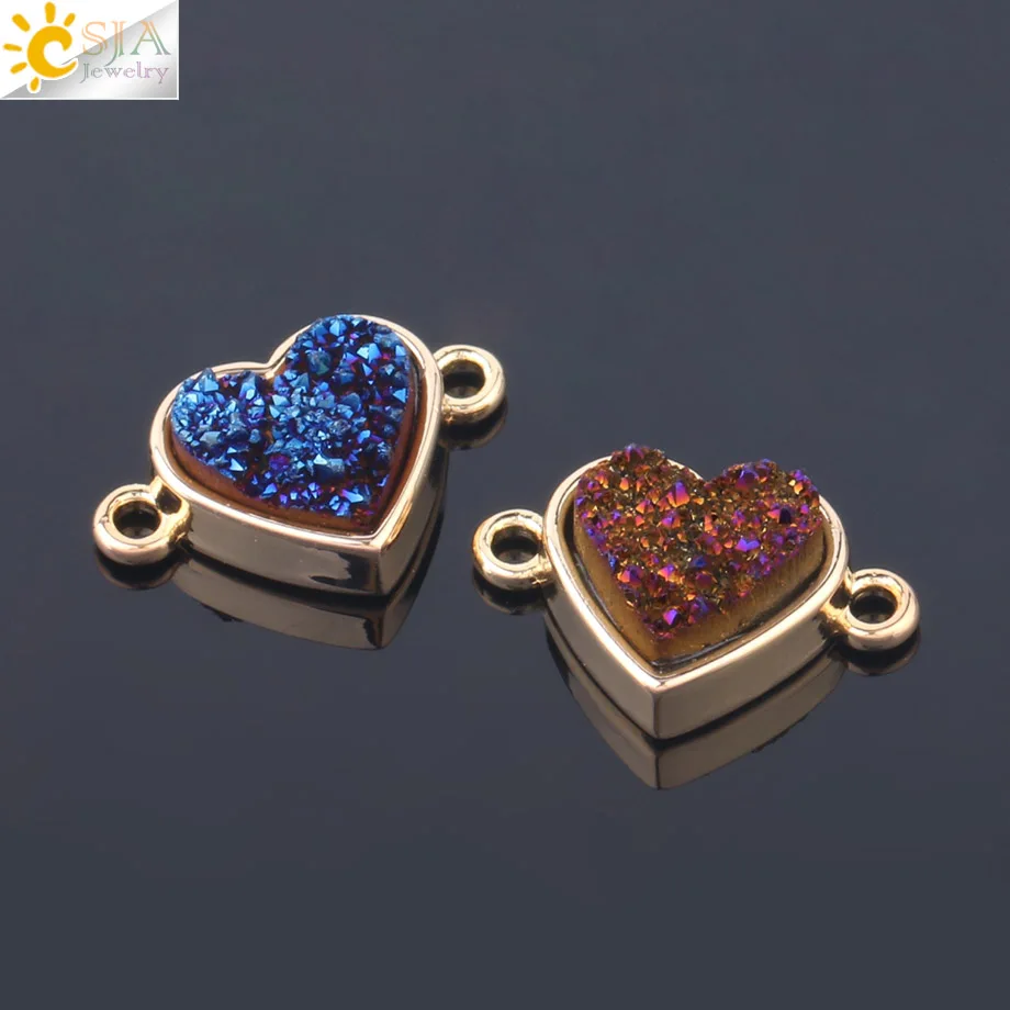 CSJA подвески в форме сердца Drusy Друза натуральный кристалл камень золотой цвет