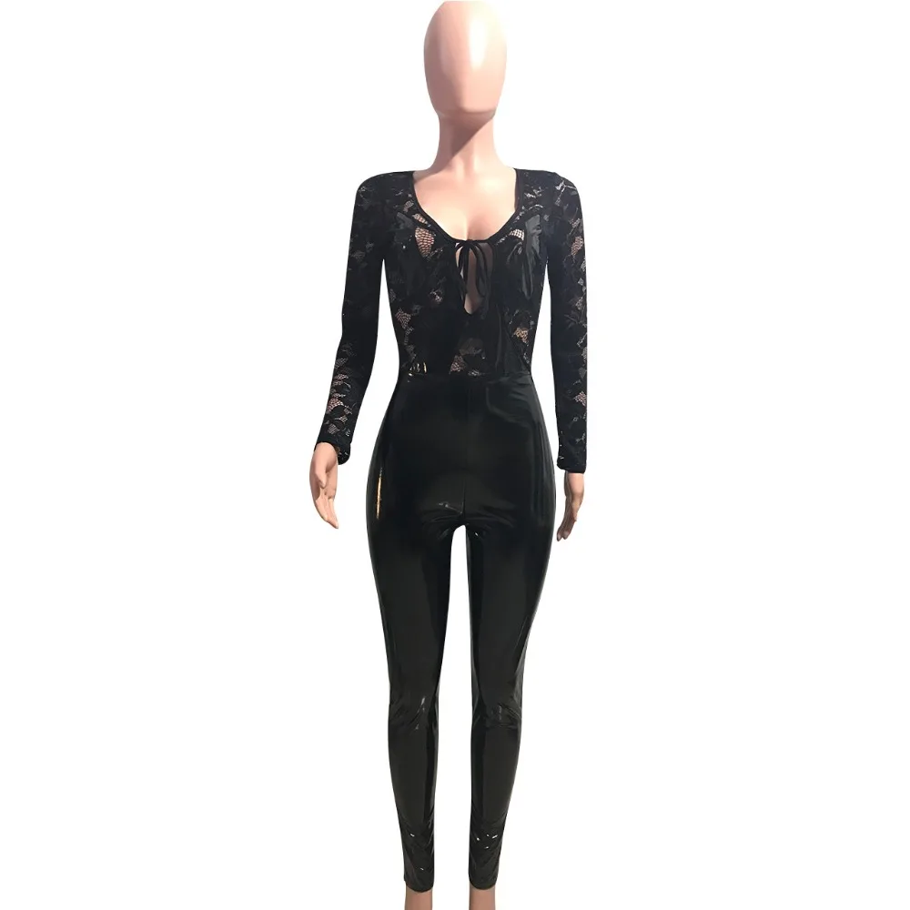 Черный кружевной лоскутный кожаный комбинезон женские элегантные обтягивающие