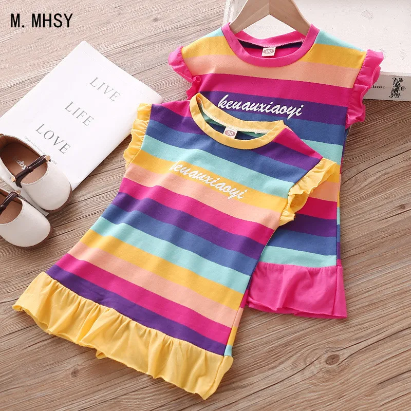 MMHSY Summer Short Sleeve Girls Cartoon Striped Dress Baby Clothes Cute Kids Dresses Princess Tops Clot | Детская одежда и обувь