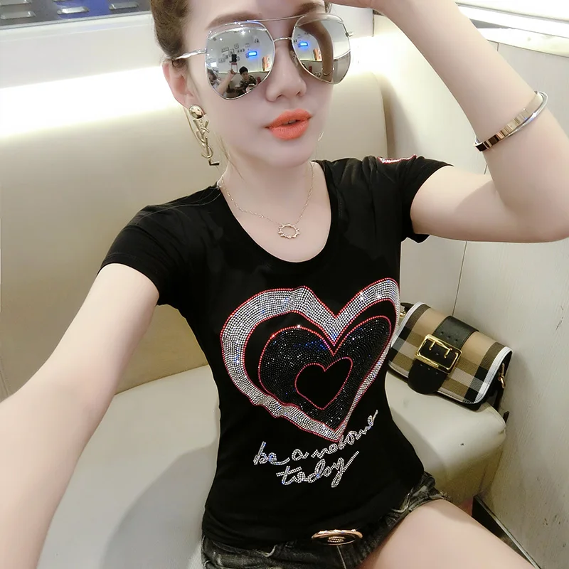 Горячая Алмаз любовь футболка с буквами 2019 новые летние женские короткий рукав