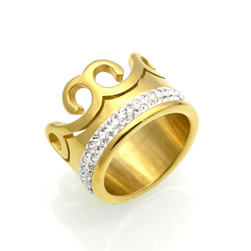 Мода модные Кольца из нержавейки Для женщин мужчин Кристалл Rhinestone Золото Цвет